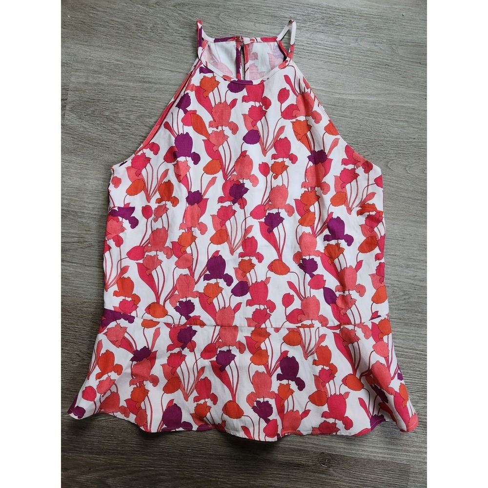Massimo Dutti Womens Top Tank Cotton Voile Pink Floral Print Peplum Size 4